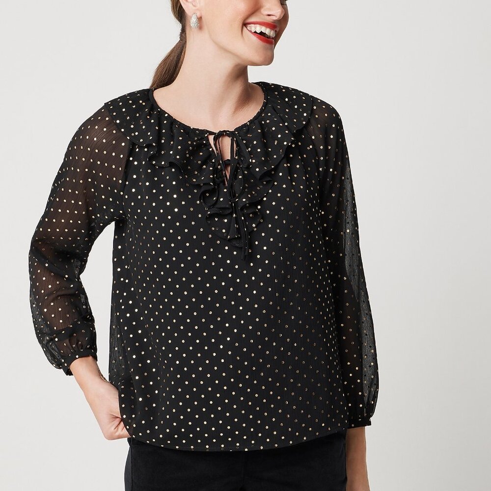 J. Crew Gold Polka Dot Ruffle Blouse Size M NWT